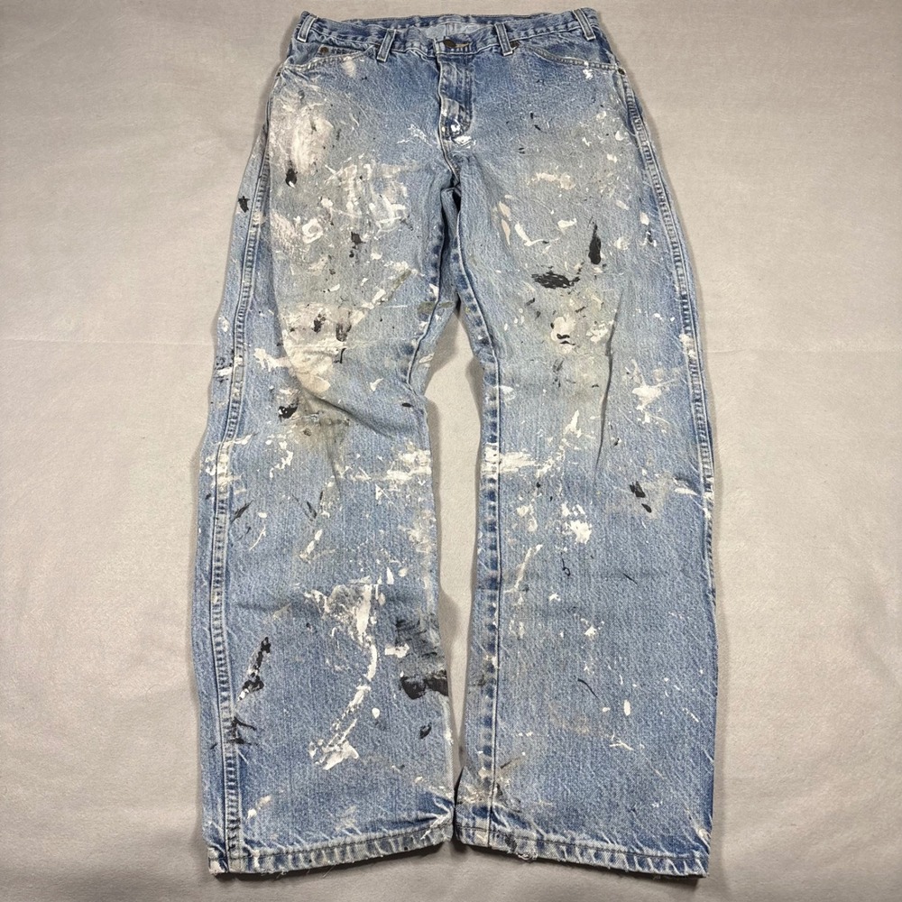Dickies Mens Paint Splatter Denim Jeans Light Wash Distressed Workwear 32x32